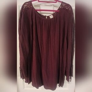 Terra & Sky Women's Burgundy,  Lace Bell  Sleeve, Top/ Blouse Size 3X (24-26W)